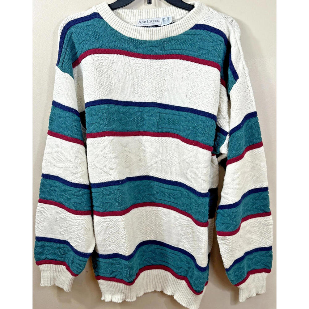 Vintage Ash Creek Trading Sweater Mens Large Colorful Stripes Style 90s Grandpa